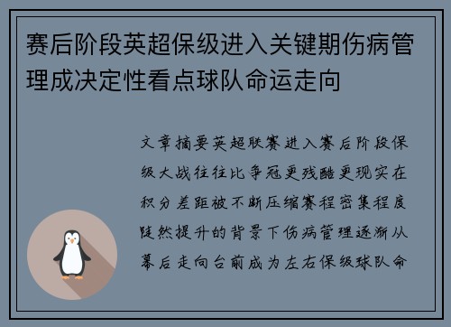 赛后阶段英超保级进入关键期伤病管理成决定性看点球队命运走向